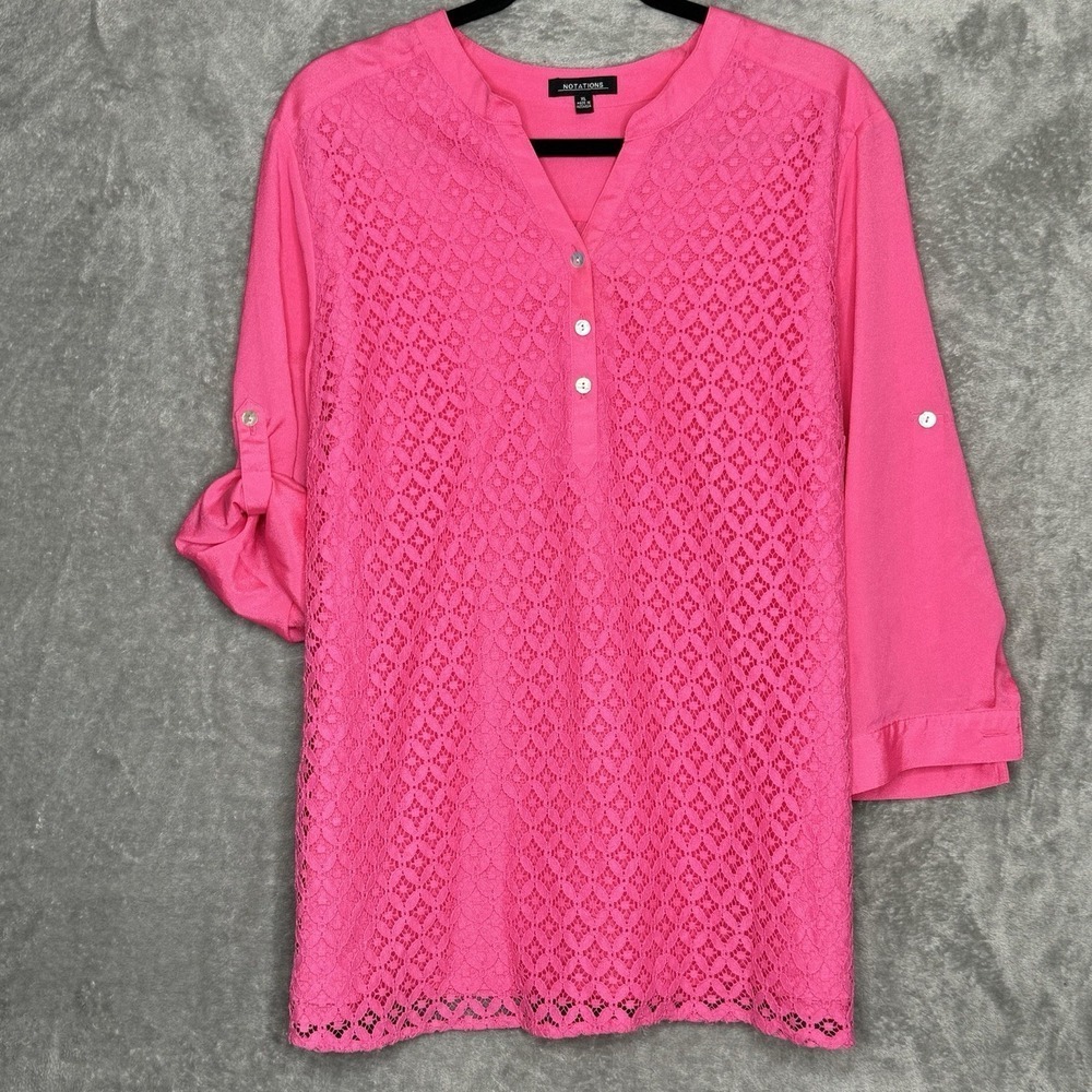 Notations Xl Shirt Top Pink Solid Tab 3/4 Sleeve Henley V Neck Lace Over Womens